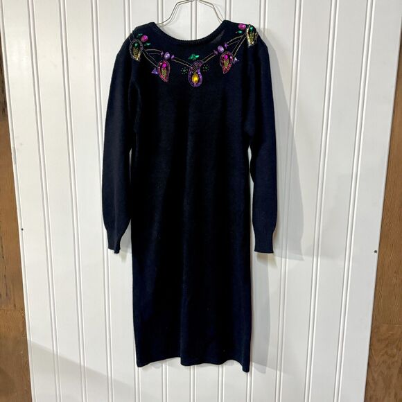 Vintage R&K Dress Women Size Medium Sweater Navy Blue Sequin Midi Long Sleeve - Picture 2 of 6